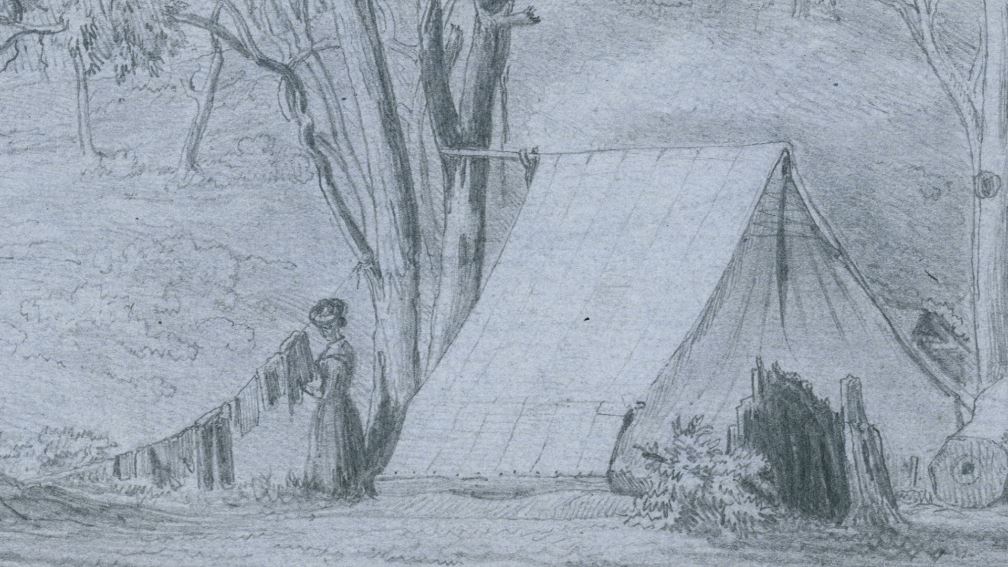 Life in a Tent, inset, Eugene Von Guerard, Ballarat r.m. Tent z. Sud West. 28 July n August 1853’